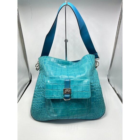 Burberry teal leather embossed alligator croc shoulder bag - Picture 1 of 12